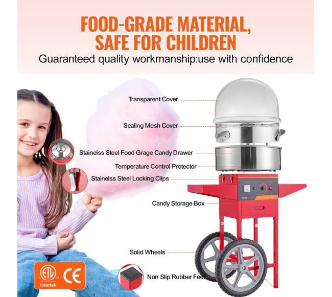 Elektrinė cukraus vatos mašina su vežimėliu, 1000W, raudona3