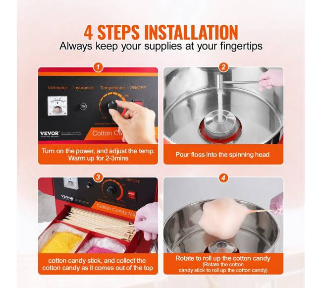Elektrinė cukraus vatos mašina su vežimėliu, 1000W, raudona4