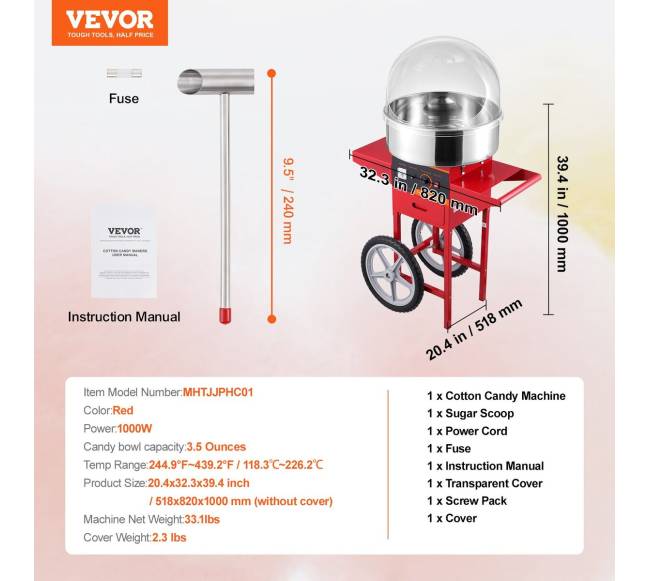 Elektrinė cukraus vatos mašina su vežimėliu, 1000W, raudona6