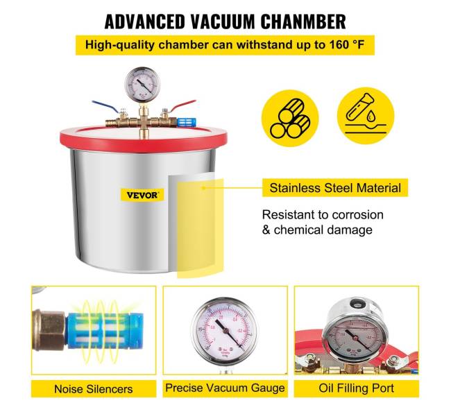 2 galonų vakuuminė kamera su silikono epoksidinėmis dujomis 4CFM 1\3HP siurblys3