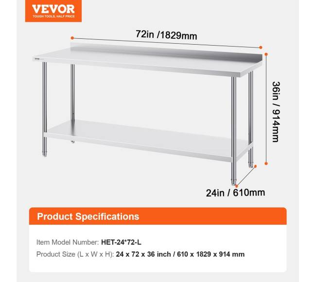 Nerūdijančio plieno maisto ruošimo stalas 61x183 cm6