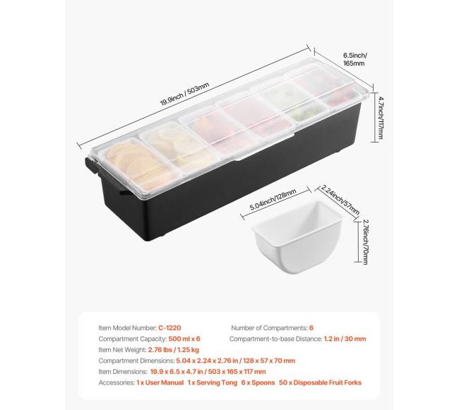 Atvėsintas padažų padėklas su 6 skyreliais6