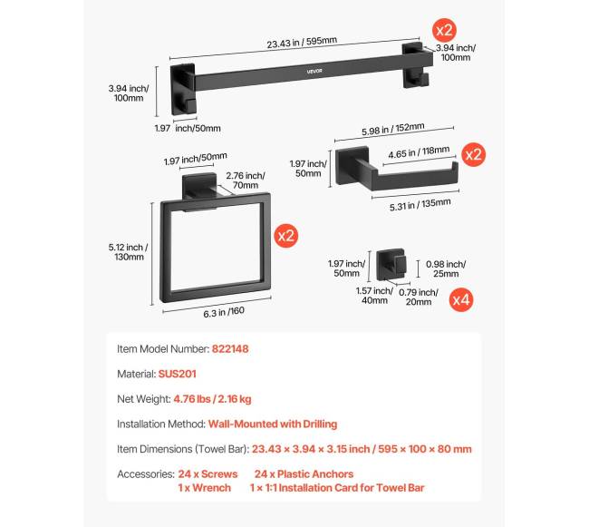 Matinė juoda vonios įrangos komplektacija, 10 dalių6