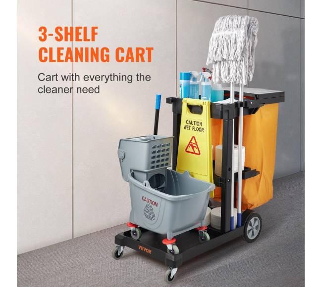 Valymo vežimėlis su 3 lentynomis, geltona ir juoda1