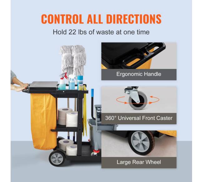 Valymo vežimėlis su 3 lentynomis, geltona ir juoda5