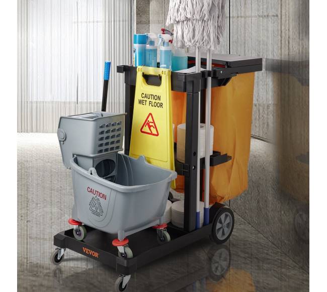 Valymo vežimėlis su 3 lentynomis, geltona ir juoda7