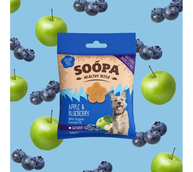 SOOPA Obuolių ir mėlynių skanėstai šunims, Apple - Blueberry Dog Dental Sticks, 50g0
