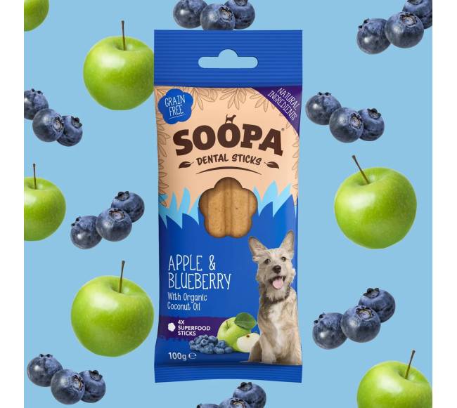SOOPA Obuolių ir mėlynių lazdelės šunims, Apple - Blueberry Dog Dental Sticks, 100g0