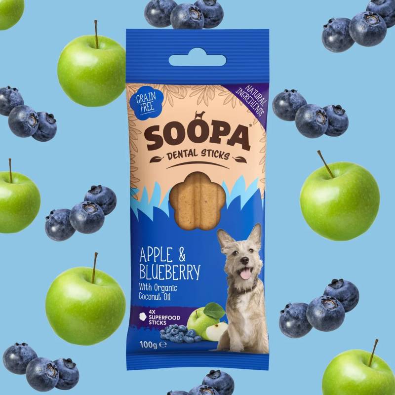 SOOPA Obuolių ir mėlynių lazdelės šunims, Apple - Blueberry Dog Dental Sticks, 100g0