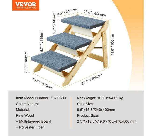 Medinės šunų kopėčios 3 pakopų 2-in-16