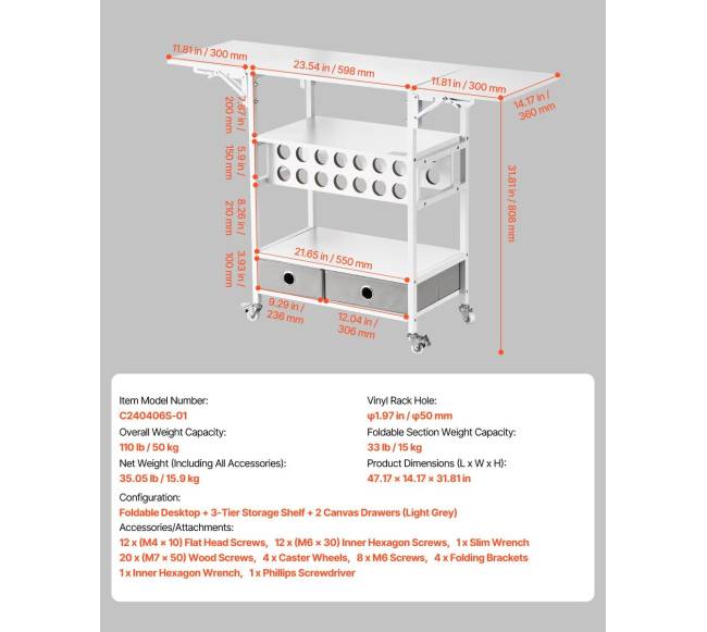 Sulankstomas amatų vežimėlis su stalais ir laikikliais6