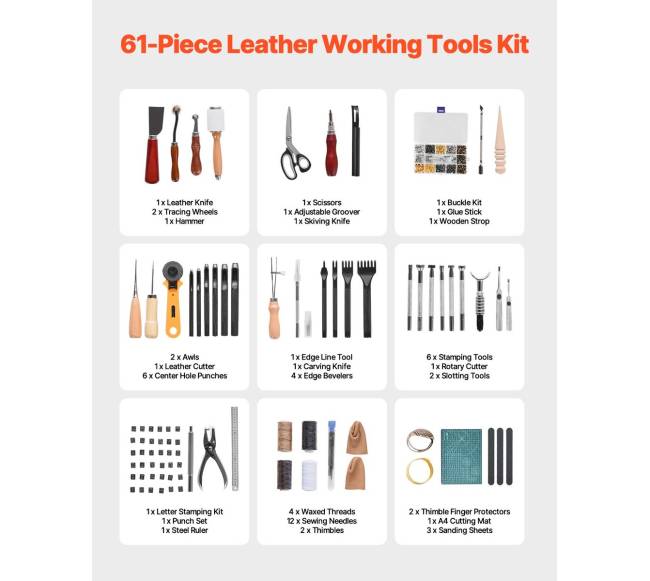 Įrankių rinkinys odos darbams 61 vnt.1