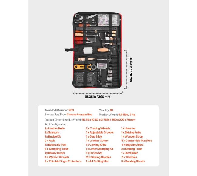 Įrankių rinkinys odos darbams 61 vnt.6