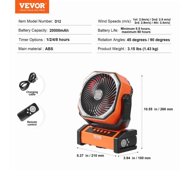 228.6 mm įkraunamas ventiliatorius su LED žibintu6