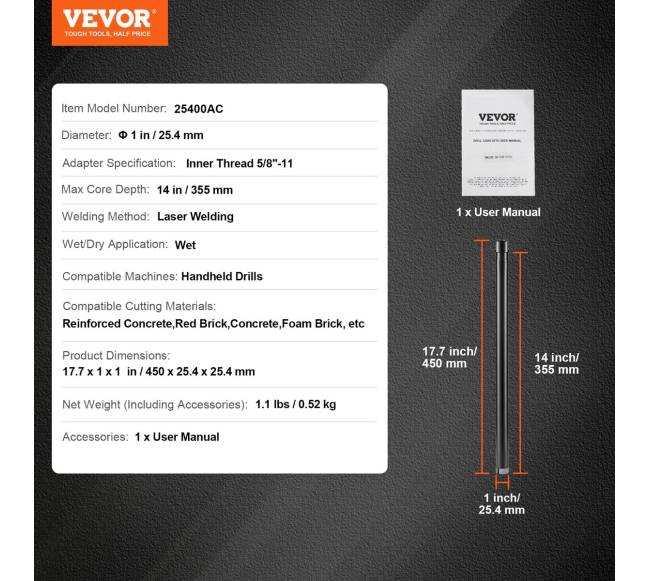 Betonui skirtas šlapioje sąlyje deimantinis grėžtuvas 25,4 mm6