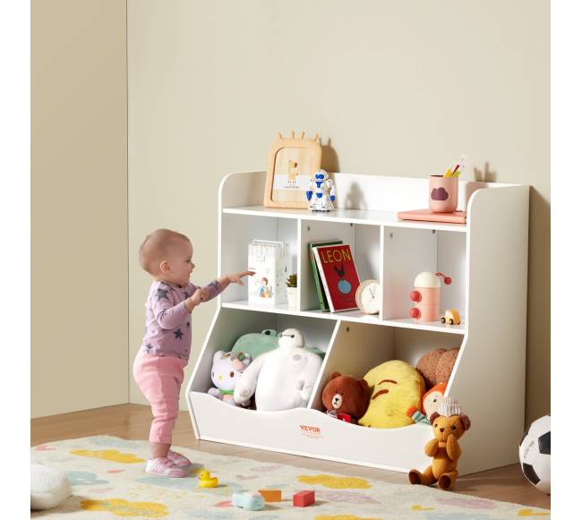 Vaikiška medinė žaislų lentyna su knygų skyriumi7