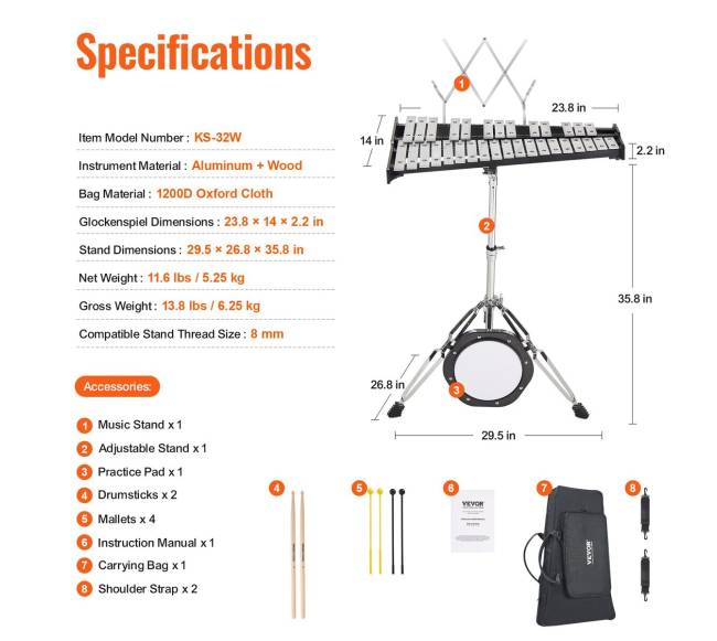 32 natų metalofonas su lazdelėmis ir stovu6