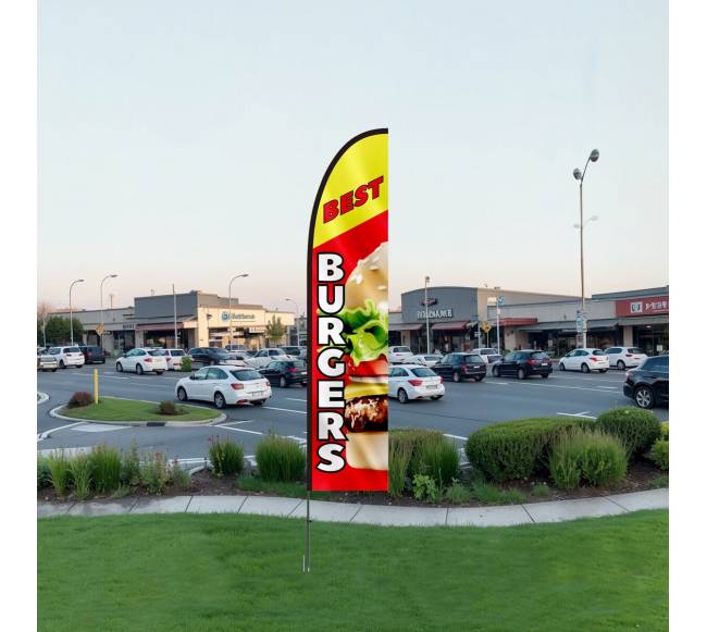 Reklaminė vėliava burgerių restoranui su vėliavos stulpu7