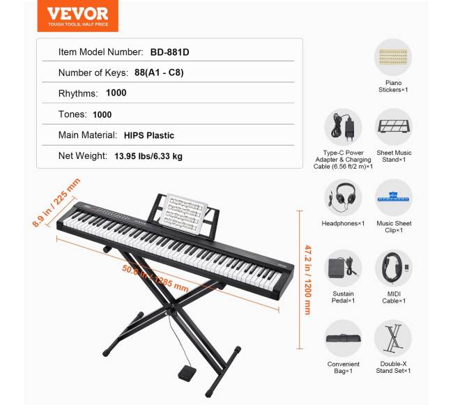 88 klavišų skaitmeninis pianinas su stovu6
