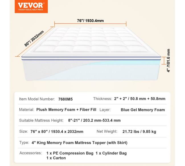 Atminties putplasčio čiužinio viršus 101.6 mm6