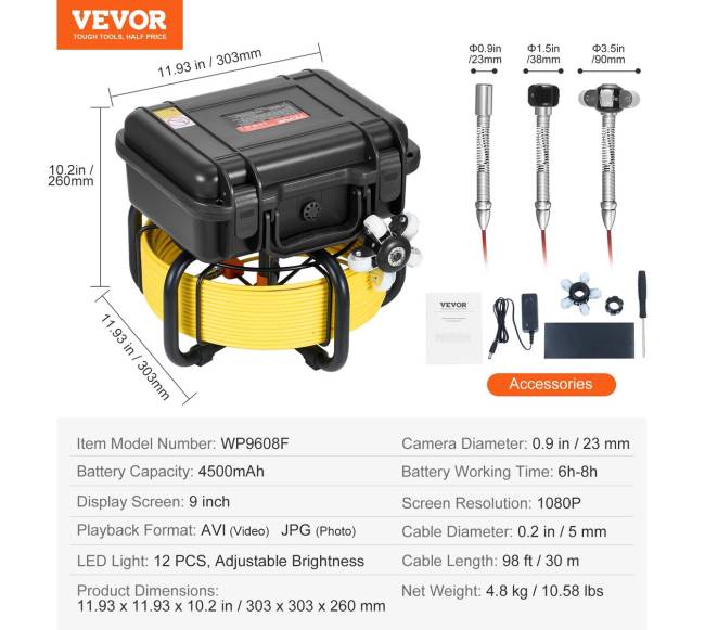 Nuotekų kamera su 9" ekranu ir 30m kabeliu6