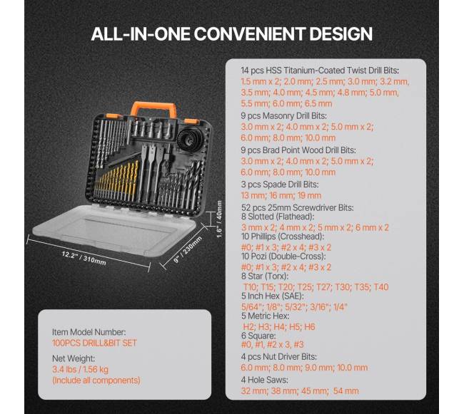 Grąžtų rinkinys 100 dalių su dėklu6