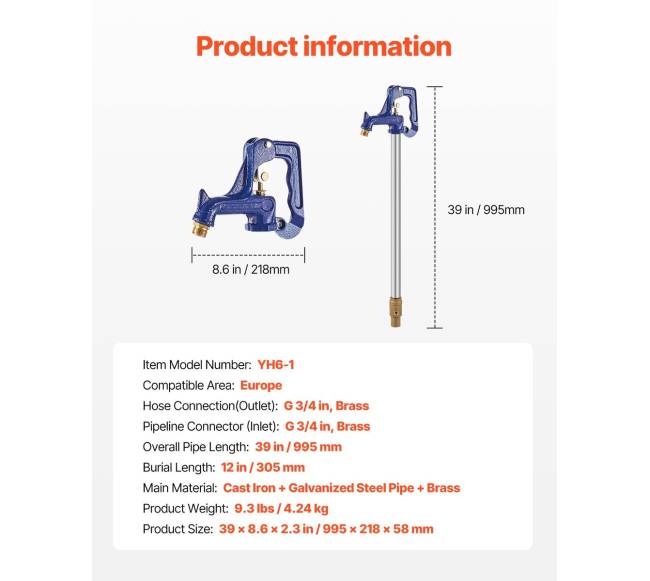 Neužšąlantis kiemo hidrantas 995 mm ilgio, 305 mm užkasimo gylio6