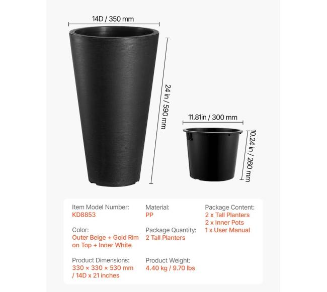 Aukštos apvalios vazonai, 2 vnt, 24 colių6