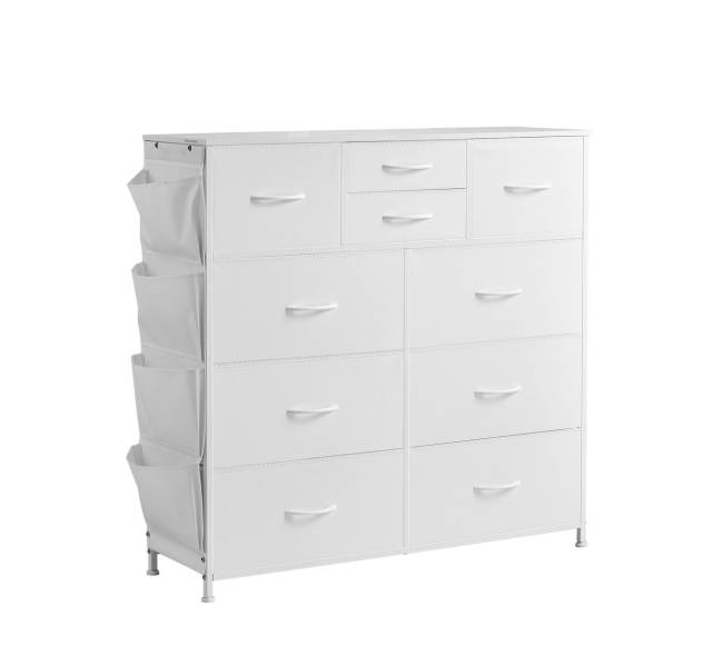 10 stalčių komoda su audinio dėžėmis ir metaliniu rėmu0