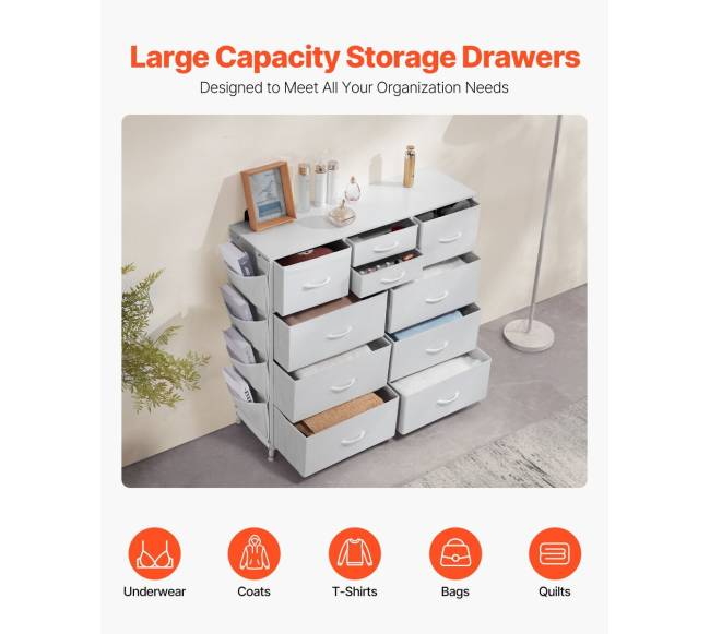 10 stalčių komoda su audinio dėžėmis ir metaliniu rėmu2