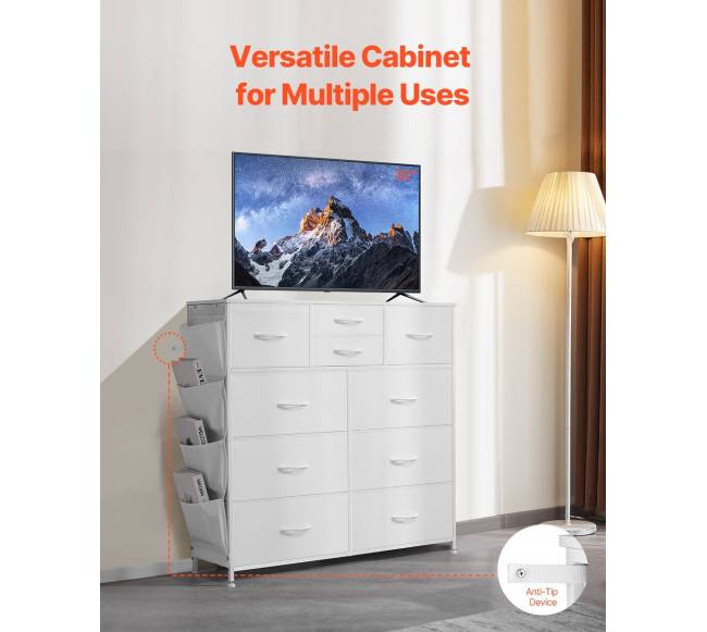 10 stalčių komoda su audinio dėžėmis ir metaliniu rėmu5