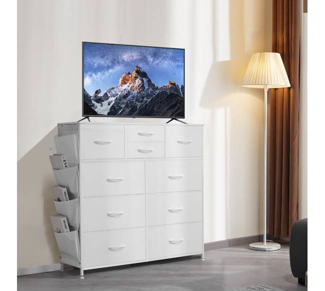 10 stalčių komoda su audinio dėžėmis ir metaliniu rėmu7