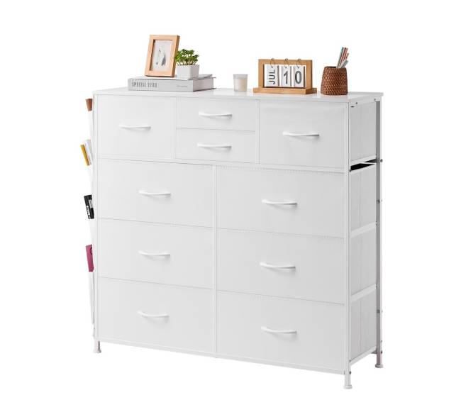 10 stalčių komoda su audinio dėžėmis ir metaliniu rėmu9