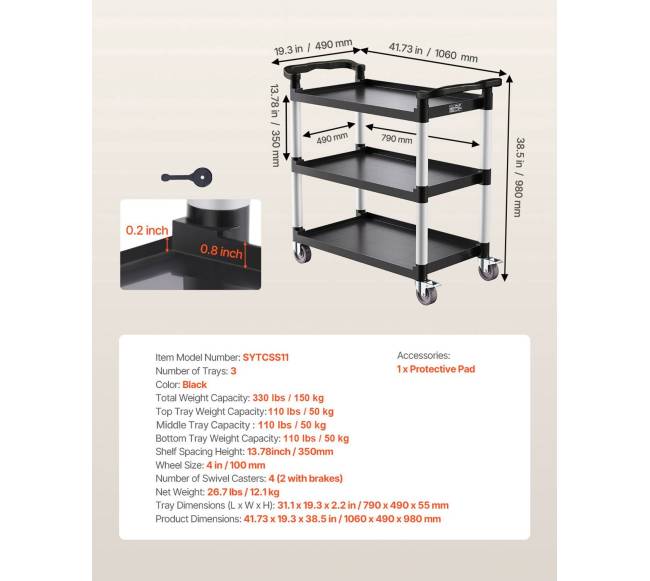 Trijų aukštų vežimėlis su ratukais 226 kg talpos6