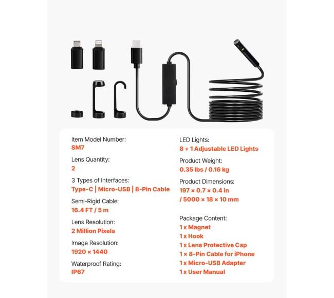 Dvigubų objektyvų boreskopas endoskopas su 5 m kabeliu6