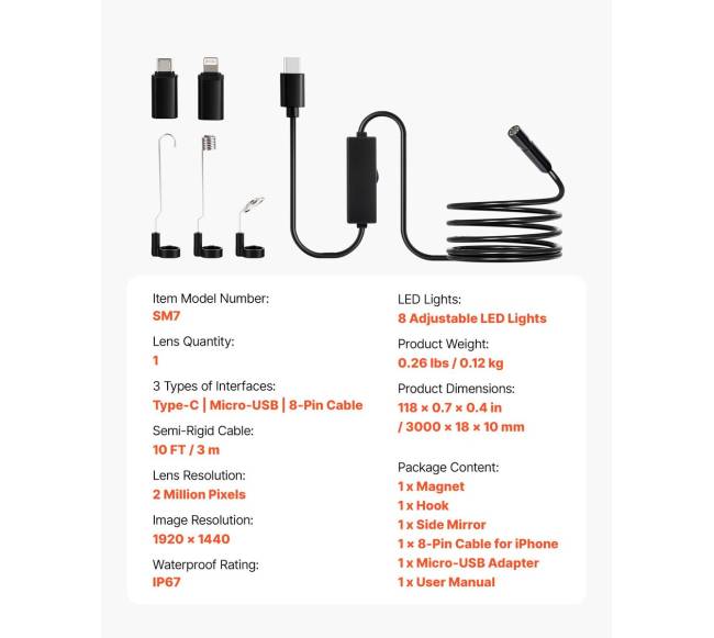 HD endoskopinė kamera su 3 m kabeliu6