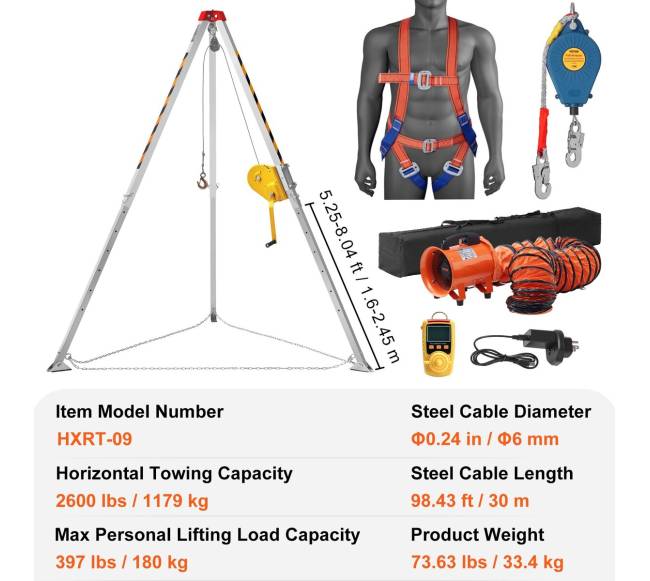 Uždarų erdvių trikojo rinkinys su 530 m trosu ir gervėmis6