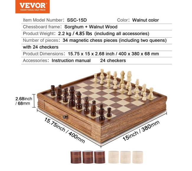 Medinis 15 colių šachmatų ir šaškių rinkinys6