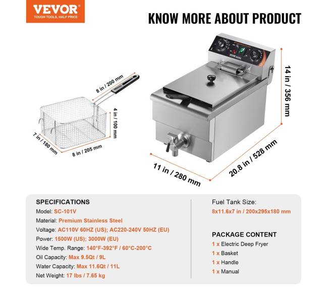 Elektrinė gruzdintuvė 3000 W 9 L nerūdijančio plieno6
