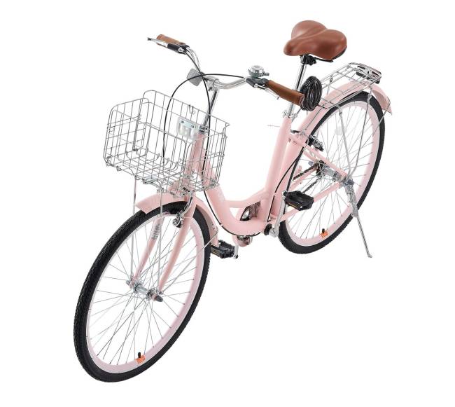 26 colių rožinis kruizinis dviratis su krepšeliu0