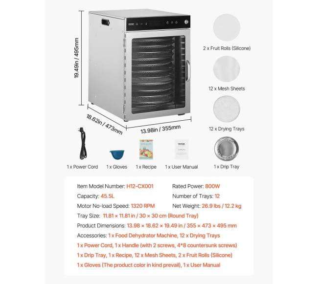 12 padėklų maisto džiovykla iš nerūdijančio plieno 800W6