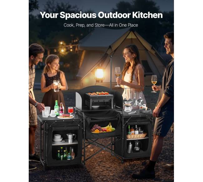 Kempingo virtuvės stalas su spintelėmis lauke1