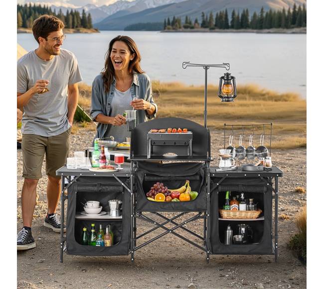 Kempingo virtuvės stalas su spintelėmis lauke7