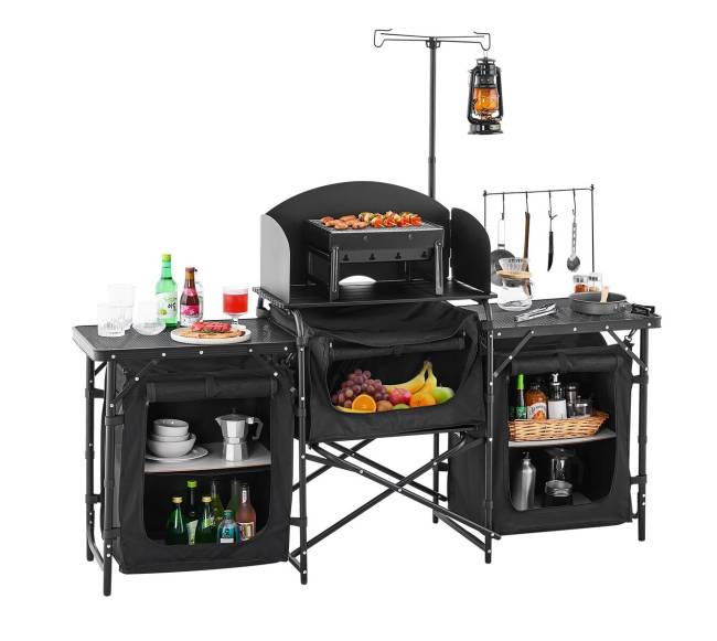 Kempingo virtuvės stalas su spintelėmis lauke8