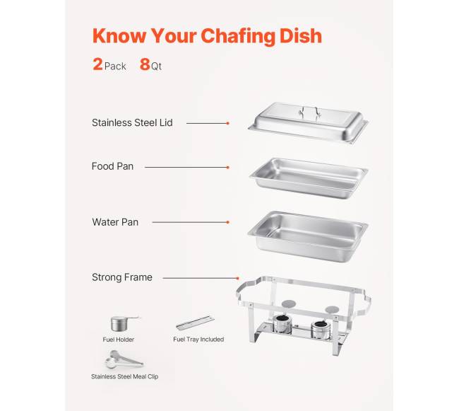 Stačiakampės nerūdijančio plieno chafing indai 8 l4