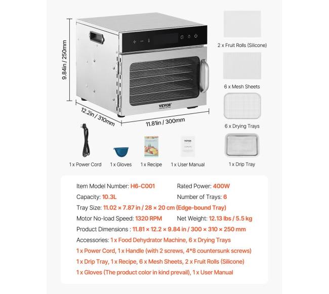 6 dėklų maisto džiovintuvas nerūdijantis plienas 400W6