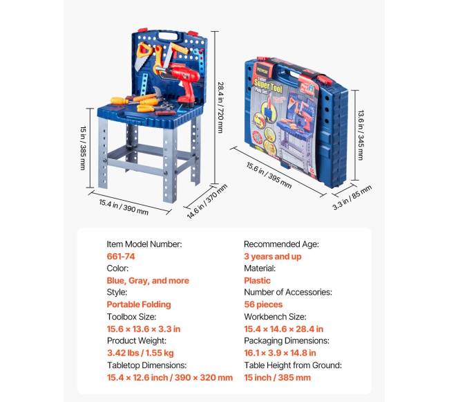 Vaikų darbo stalas su 56 įrankiais ir grąžtu6