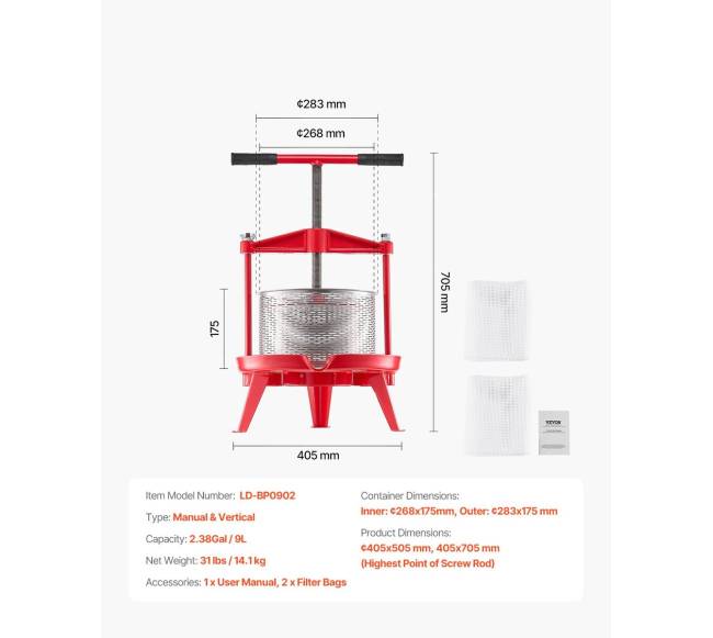 vaisių vyno spaustuvas rankinėms vyno spaustuvei 9L nerūdijančio plieno6