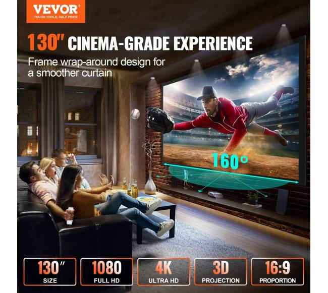 130 colių 16:9 projekcijos ekranas 4K HDTV1