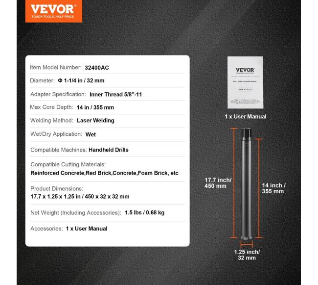 Betono deimantinė grunto grąžtas 32 mm, 355 mm6